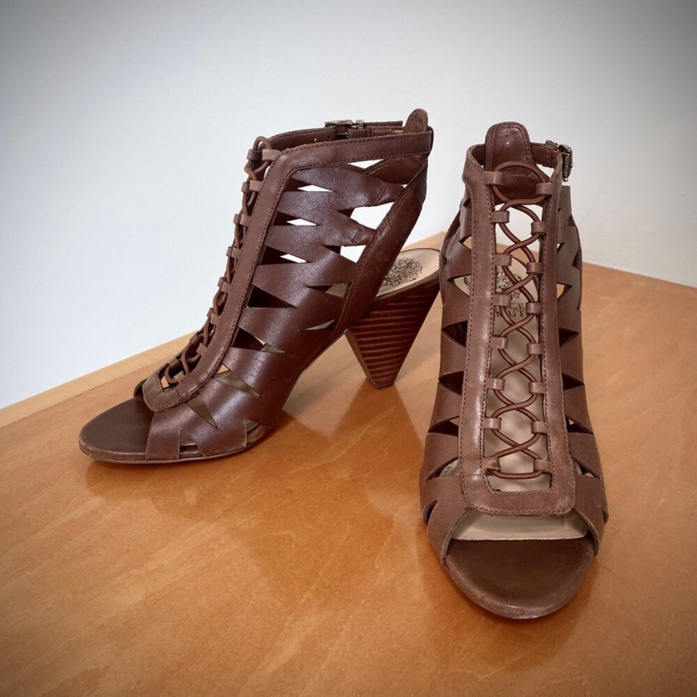 Vince Camuto Elettra Brown Calf Leather Cage Booties